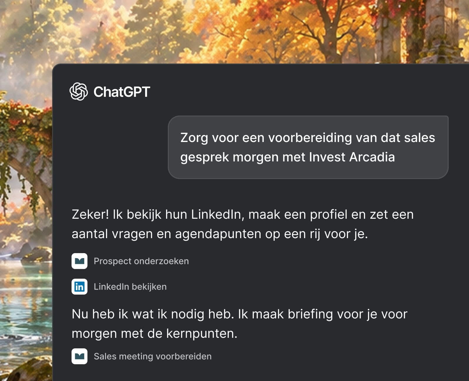 ChatGPT bereidt een salesgesprek voor met onderzoek op LinkedIn